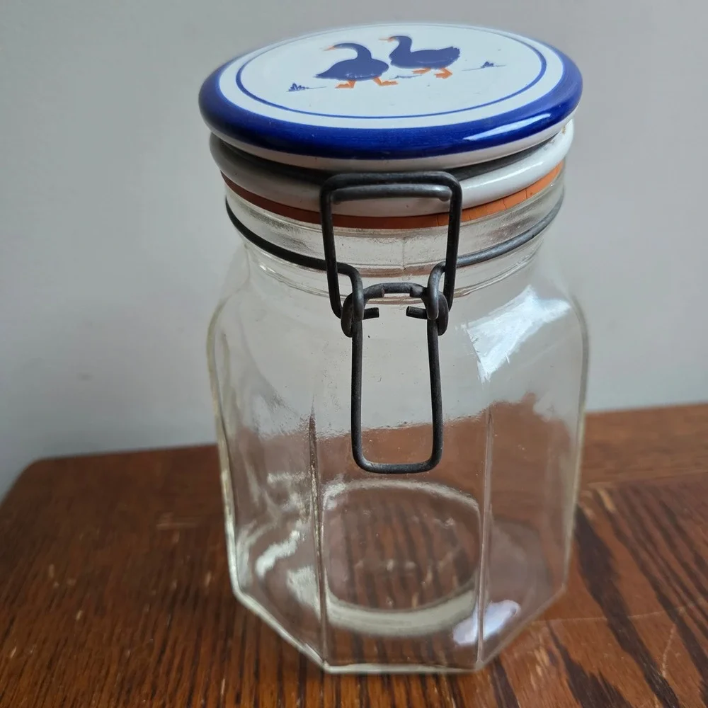 Vintage Italy Glass Goose Canister Jar Blue Geese Cottagecore Wire Bail Lid 7in